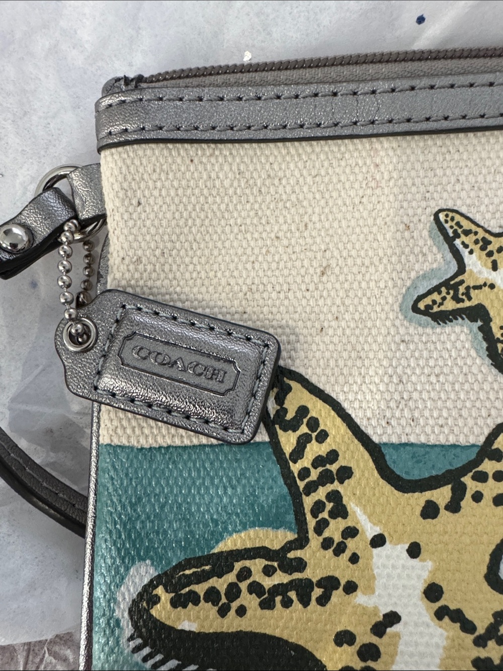 Coach Cream Canvas Wristlet with Teal Stripe and Yellow Starfish - Picture 3 of 6
